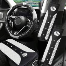 4pcs Shiny Rhinestone Crown Design Steering Wheel Cover, Armrest Pad, Shoulder Pads