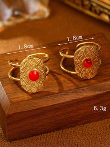 2 件不锈钢金黄色时尚复古镶嵌宝石、滴油开口可调节戒指套装适合日常佩戴或送礼 - 金黃色 - 查看 6