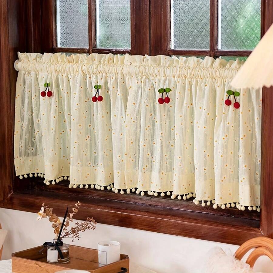 1pc Floral Daisy Pompom Curtain, Rod Pocket Top Hanging, Cream French