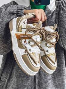 Men Versatile Lightweight Breathable Low-Top Casual Chunky Sneakers - 卡其色 - 查看 1