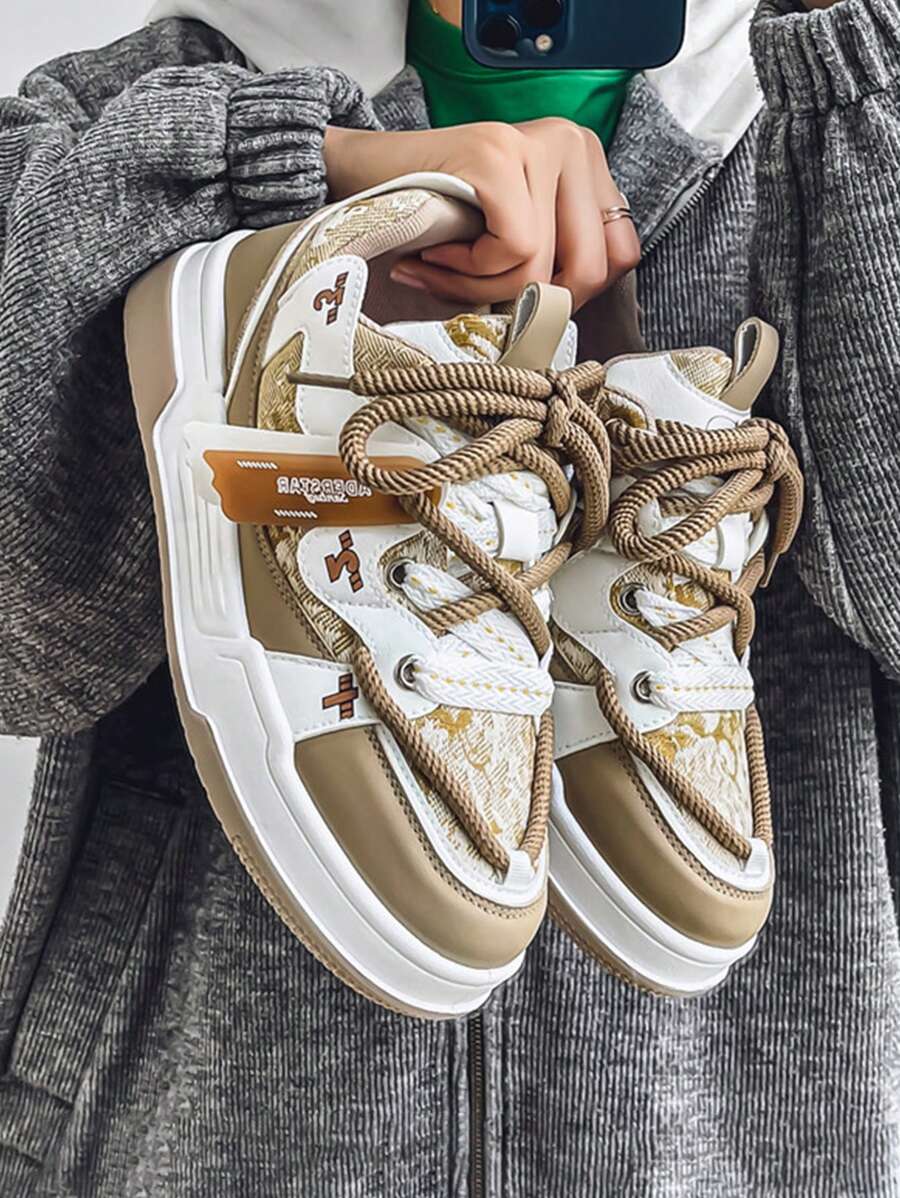 Men Versatile Lightweight Breathable Low-Top Casual Chunky Sneakers - 卡其色 - 查看 1