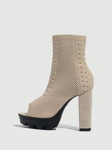 Giày bốt đế cao hở mũi lông cho nữ, thích hợp cho mùa hè, mùa thu, các dịp tiệc tùng. Màu sắc: Màu be - Màu be - Xem 4