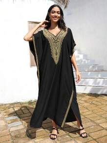 Vestido negro suelto estilo túnica con escote en V bordado, vestido casual para estar en casa