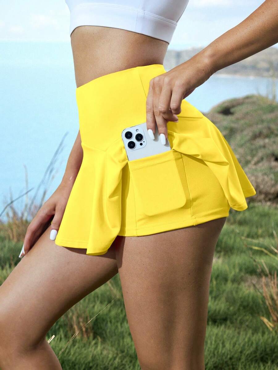 Quần short thể thao cạp cao trơn dành cho nữ, thiết kế tối giản để mặc hàng ngày - Màu vàng - Xem 1