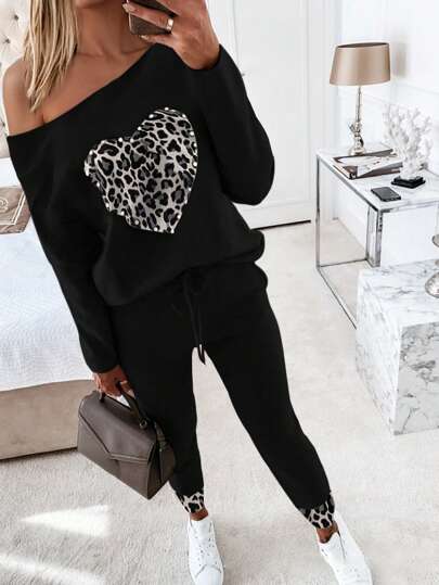 Damski modny, swobodny, długi rękaw, top i spodnie, 2 sztuki