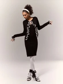 (Bộ 2 món) Áo khoác cardigan viền bèo nhún màu tương phản thu đông & váy không dây, đồ dệt kim thanh lịch - Đen và trắng - Xem 8