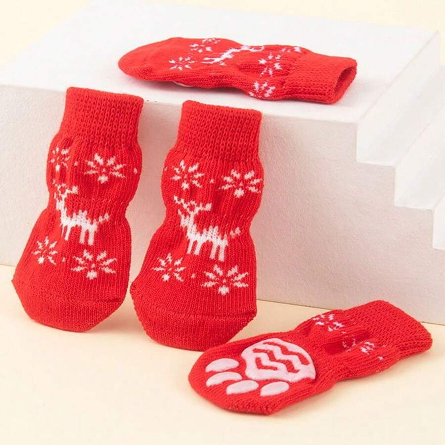 4pcs/Set Christmas Reindeer Pattern Small Cat Dog Pet Socks
