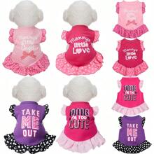 4 件套可爱狗狗荷叶边衬衫 - 柔软透气波尔卡圆点面料宠物连衣裙，粉色和紫色，“妈妈的小天使”和“我爱你”信息，适合中小型犬全年穿着，狗狗服装