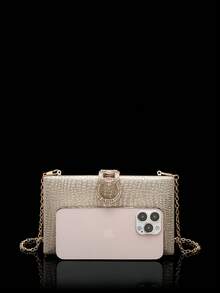 GZCS 包 4 件装水钻耳夹新娘婚礼颈链手链吊坠套装闪亮钱包女士水钻晚装手拿包金色闪亮蛇纹 PU 新娘婚礼包 - 金色 - 查看 8