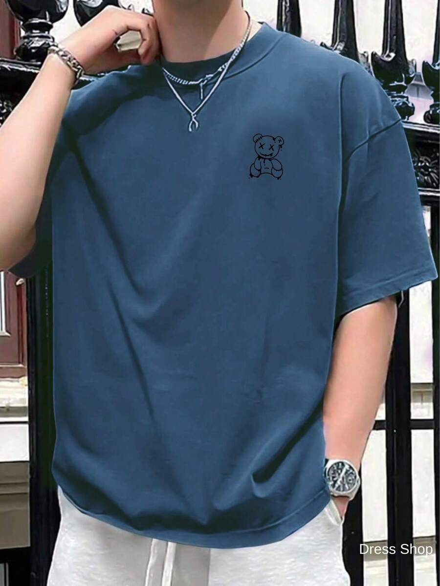 Men's Minimalist Teddy Bear T-Shirt 100% Cotton Shirt Mesh 30.1 - 藏蓝色 - 查看 1