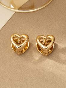 1 对女士心形镂空设计耳钉，日常佩戴首饰 - 金色 - 查看 2