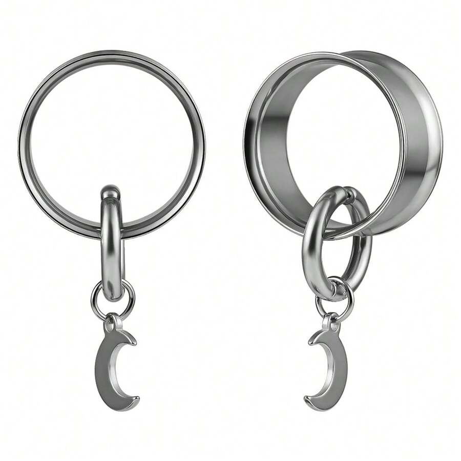 2PCS Stainless Steel Moon Double Flared Ear Plugs Tunnels Gauges