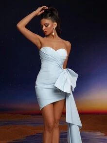 Anymoon 女士褶皱蝴蝶结装饰鸡尾酒会礼服，优雅半正式礼服，适合生日、婚礼宾客、毕业典礼、晚宴、返校节派对礼服 - 淺藍色 - 查看 5