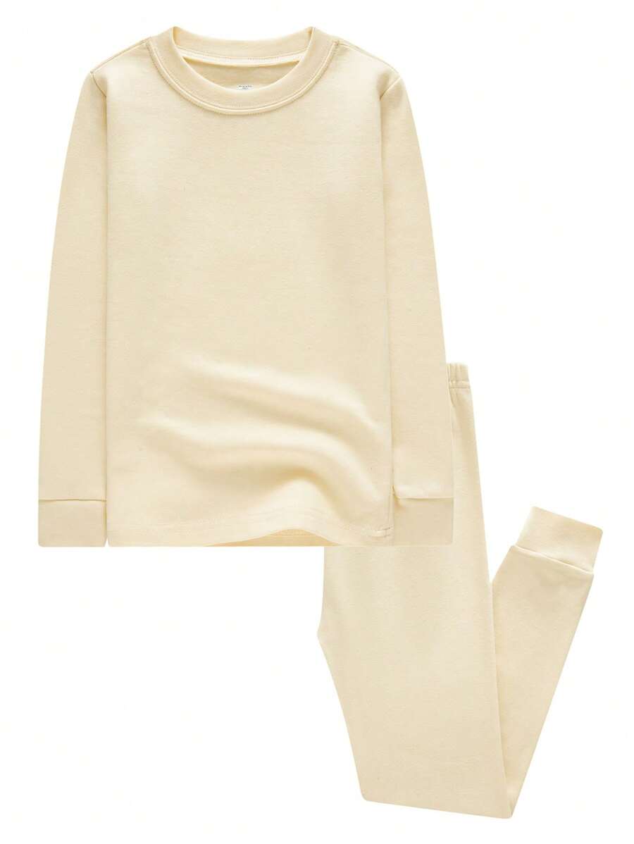 2pcs/Set Girls Plus Apricot Color Solid Long Sleeve Pants Thick Snug Fit Warm Pajama Set, Winter