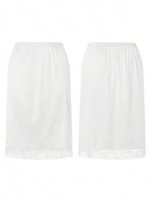 Womens Half Slips Underskirt Elastic High Waist Solid Color Satin Half Slips For Under Dresses Skirt Lace Hem Skirt Extender - trắng - Xem 8
