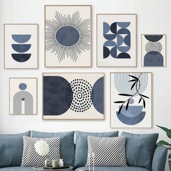 1 pezzo Quadro moderno in stile bohémien, blu, astratto, medievale, con stampa geometrica su tela, senza cornice, cartellone nordico per decorazione da parete, soggiorno