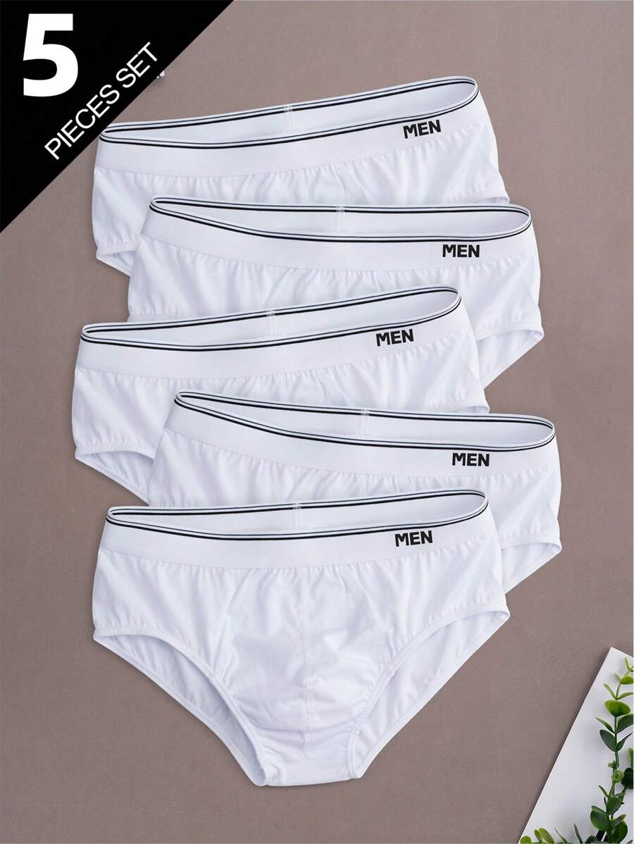 5pcs/Pack Men's Briefs With Waistband, White Color Men's Underwear With MEN Letter Logo Print