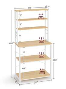 VASAGLE Coffee Bar, 31.5 Inches Baker's Rack For Kitchen With Storage, 6-Tier Kitchen Shelves With 6 Hooks, Microwave Stand, Industrial, Oak Colour And White - Màu be - Xem 5