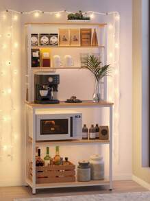 VASAGLE Coffee Bar, 31.5 Inches Baker's Rack For Kitchen With Storage, 6-Tier Kitchen Shelves With 6 Hooks, Microwave Stand, Industrial, Oak Colour And White - Màu be - Xem 2