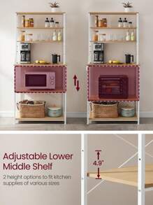 VASAGLE Coffee Bar, 31.5 Inches Baker's Rack For Kitchen With Storage, 6-Tier Kitchen Shelves With 6 Hooks, Microwave Stand, Industrial, Oak Colour And White - Màu be - Xem 6