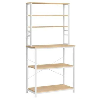  VASAGLE Coffee Bar, 31.5 Inches Baker's Rack For Kitchen With Storage, 6-Tier Kitchen Shelves With 6 Hooks, Microwave Stand, Industrial, Oak Colour And White