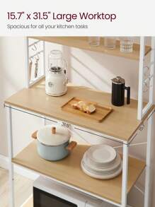 VASAGLE Coffee Bar, 31.5 Inches Baker's Rack For Kitchen With Storage, 6-Tier Kitchen Shelves With 6 Hooks, Microwave Stand, Industrial, Oak Colour And White - Màu be - Xem 4