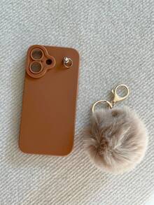 1 件带指环支架和钥匙扣绒球的毛绒手机壳，适合冬季女性，哑光饰面，兼容 iPhone 11/16/15/14/13/12/16 Pro Max 和手机，有粉色、黑色、白色、棕色、玫瑰粉色可选 - 棕色 - 查看 2