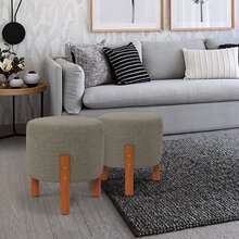 Zeus Luxury Decorative Round Pouffe With Solid Wood Feet Linen - 淺灰色 - 查看 3