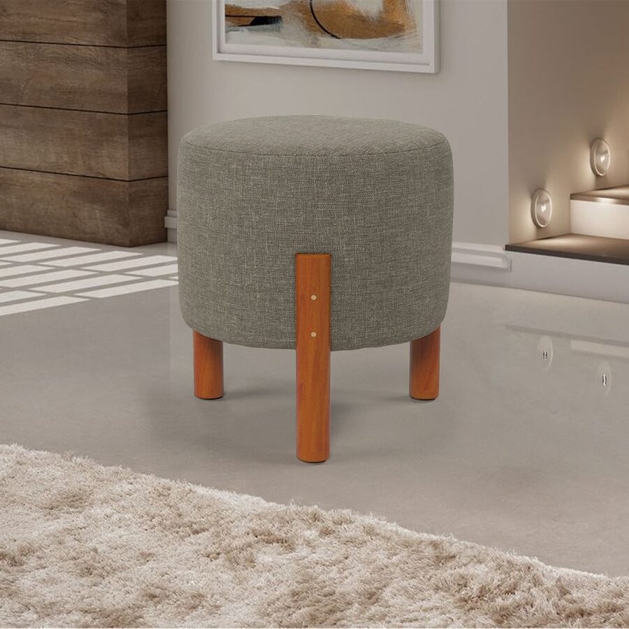 Zeus Luxury Decorative Round Pouffe With Solid Wood Feet Linen - 淺灰色 - 查看 1