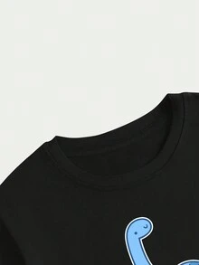 Blue Dinosaur Printed T-Shirt Unisex Streetwear Short Sleeve Comfort - 黑色 - 查看 5