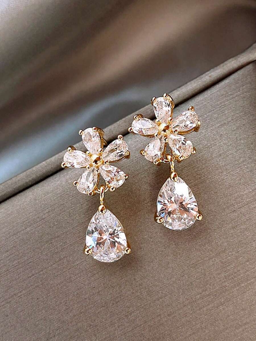 1 对时尚水晶镶嵌水滴花耳环，复古精致耳钉，礼物