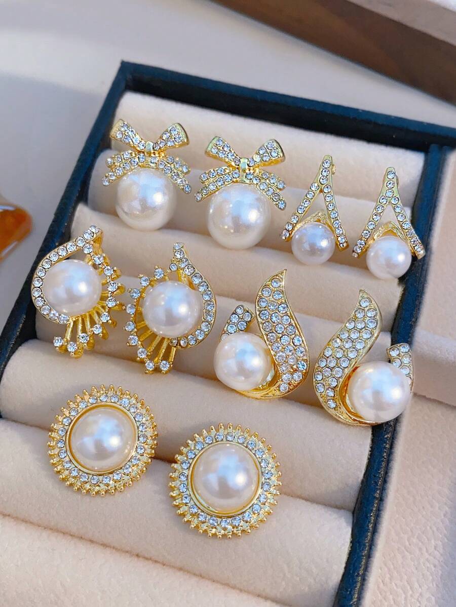 Bộ 5 đôi hoa tai ngọc trai giả hình học độc đáo có nơ thủy tinh khảm hình ngọn lửa, phụ kiện tinh tế dành cho phụ nữ, quà tặng tiệc/ngày lễ - Vàng - Xem 1