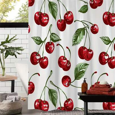 1 pieza Cortina de ducha con diseño de cerezas dulces, cortina de ducha con estampado de cerezas, muy adecuada para la decoración del baño, decoración universal de la habitación, conjunto de decoración del hogar, accesorios de baño, cortina de bañera