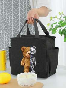 1 件便携式涤纶午餐袋，可爱卡通酷图案大容量食品储存袋，适合野餐，返回学校午餐套装，学校用品，午餐盒袋，家庭必需品，返回学校用品，女士保温袋，学校用品 - 黑色 - 查看 9