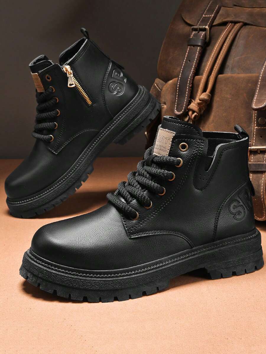 男士时尚多用途系带工作靴，高帮靴，秋冬季流行款 - 黑色 - 查看 1