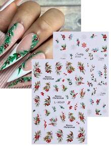 2 件装圣诞美甲贴纸冬季冬青绿叶花朵冬季美甲设计 DIY 自粘贴纸指甲滑块节日美甲装饰配件 - 彩色 - 查看 4