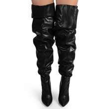 Over The Knee Wide Calf Slouchy Chunky Heel Boots - Black - View 4