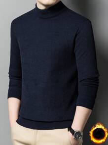 Navy Blue Men's Thick Velvet Striped Knit Sweater For Winter - Navy Blue - View 1