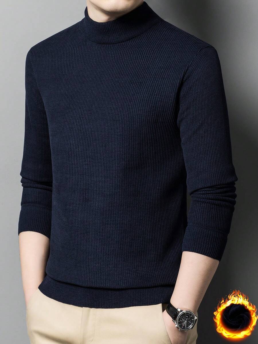Navy Blue Men's Thick Velvet Striped Knit Sweater For Winter - Navy Blue - View 1