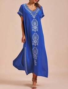 Women's Short Sleeve V Neck Long Beach Dress Bikini Cover Up Royal Blue - 藍色 - 查看 2