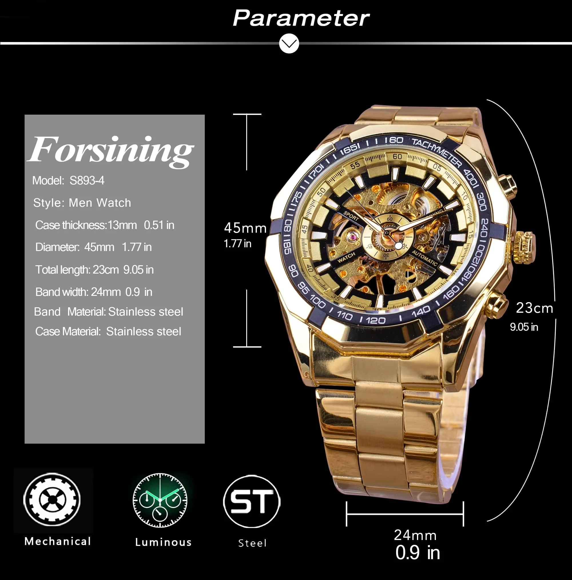 FORSINING Forsining 2024 Stainless Steel Waterproof Mens Skeleton