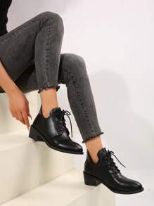 Giày bốt mũi nhọn buộc dây màu đen kiểu Anh cho nữ, đế dày, lót nhung, thu/đông 2024, kết hợp với corset - màu đen - Xem 3