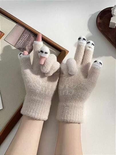 新款女士触屏手套，可爱针织羊毛，适合书写和使用手机，保暖，卡通，学生风格，百搭设计，秋冬