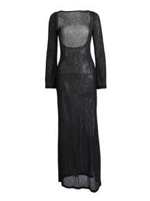 Women Vintage Y2k Lace Maxi Dress Long Sleeve See Through Mesh Bodycon Dress Floral Lace Maxi Long Slip - 黑色 - 查看 7
