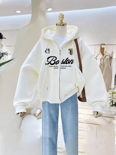 Women Sweatshirt Jacket, Autumn/Winter, Zipper Closure, Thermal Lined, American Style, Logo Cross & English Print