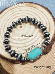 复古西式绿松石纳瓦霍弹性手链，适合日常佩戴，全绿松石珠，独一无二 - 復古風格的松石納瓦荷彈性手鍊 - 查看 2