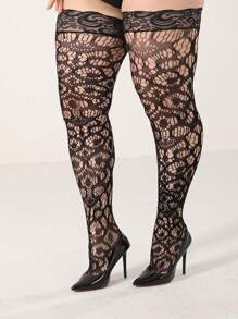 1 双女式加大码黑色提花蕾丝边硅胶防滑网眼大腿袜 - 黑色 - 查看 1