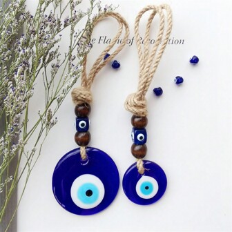 Handcrafted Blue Eye Amulet - Turkish Evil Eye Pendant | Blue Glass Wall Hanging | Protective Talisman For Home, Bag & Car Decor | Unique Gift With Brown Wooden Beads,Home Decor ,Room Decor,Wall Decor Gifts Birthday Graduation