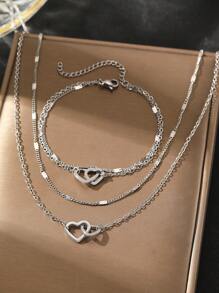 Aomogo Stainless Steel Jewelry Sets High-End Atmosphere Love Bracelet Love Necklace Double Chain Design Jewelry Sets For Women Jewelry Valentines,Mom,Mother,Mother's Day,Gift