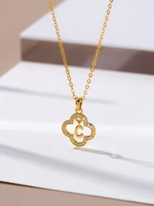 1Pc Elegant 925 Sterling Silver Four Leaf Clover 26 Initial Letters A-Z Pendant Necklace Plated With 18K For Women Daily Wear And Gifts For Girls